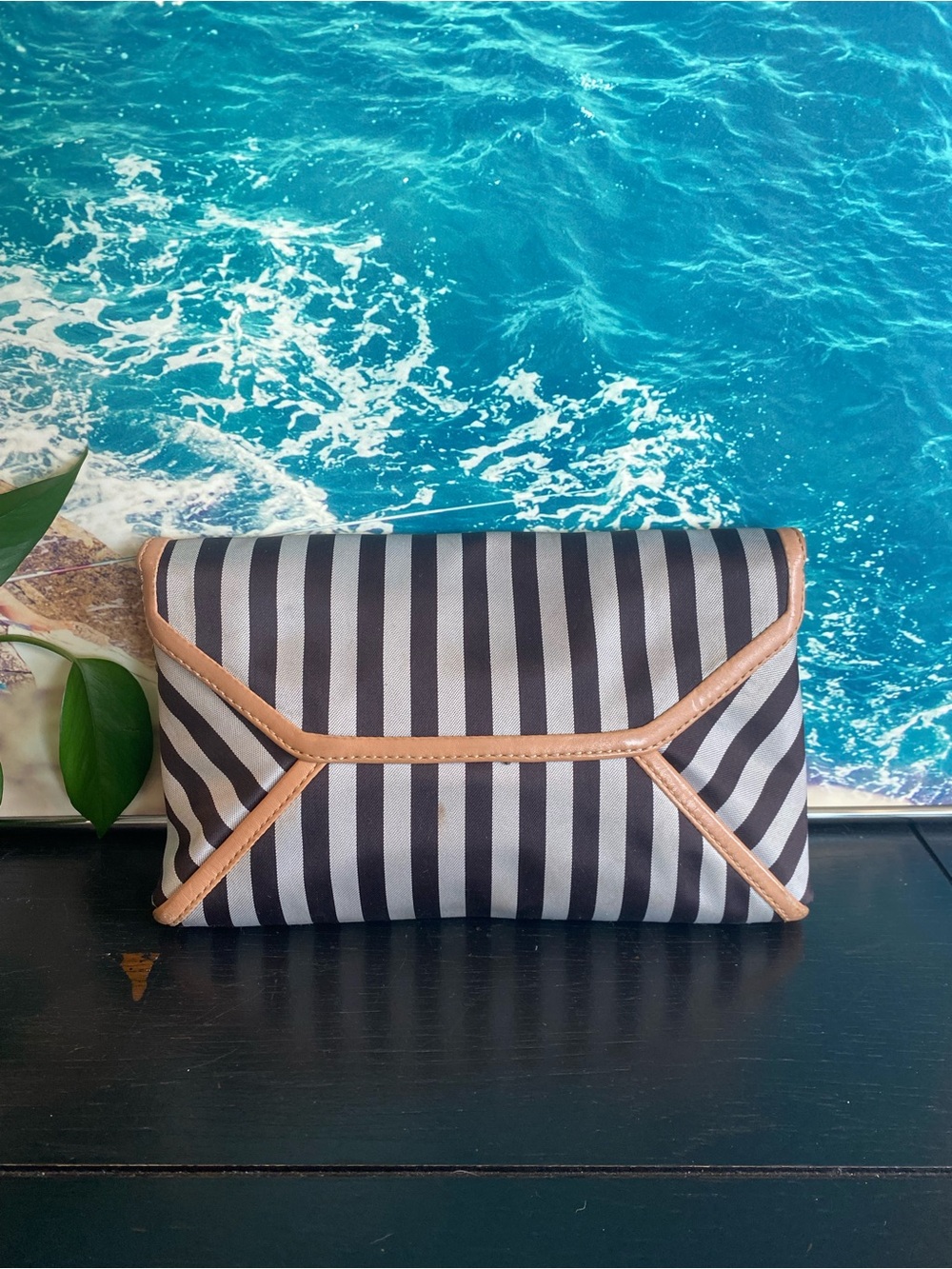 Henri Bendel black and white striped crossbody and blue satin interior - Picture 2 of 6